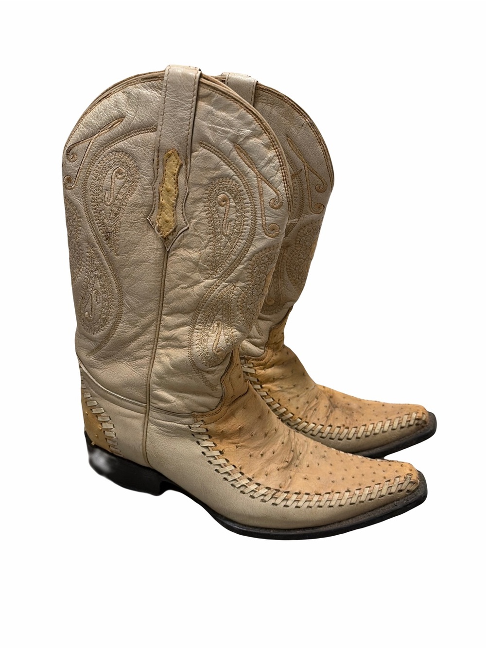Vintage El General Women's Cream Ostrich-Style Embroidered Western Boots
